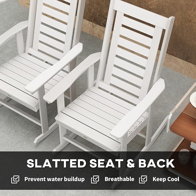 Outsunny Outdoor Rocking Chairs Set of 2, HDPE Patio Rocking Chairs with 28" High Back and Wide Armrests, All-Weather Slatted Porch Rockers for Garden, Balcony, Fire Pit, White