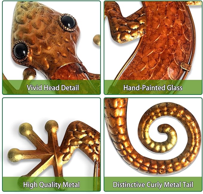HONGLAND Metal Gecko Wall Art- 15 Inch Lizard Outdoor Decor Hanging Glass Sculpture, 2 Pack Gecko Wall Art Decorations for Garden Fence Home (Green&Orange)