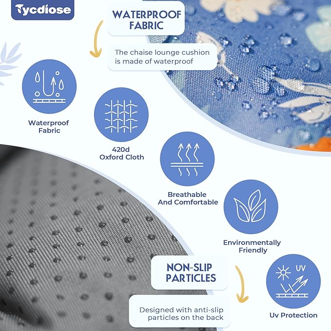 Waterproof Outdoor Chaise Lounge Chair Cushion 74.4 x 22 x 4.7 Inches Memory Foam Lounge Chair Cushions for Outdoor Furniture with Ties, Thickened Pool Lounge Chair Cushion, Blue Floral