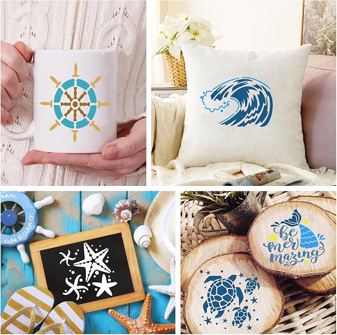25 PCS Sea Ocean Creatures Stencils Reusable Sea Animal Templates for Painting, Mermaid Stencils for Scrapbooking Drawing Wood Wall Floor Furniture Rock Decor DIY Crafts Projects 5 x 5 Inch