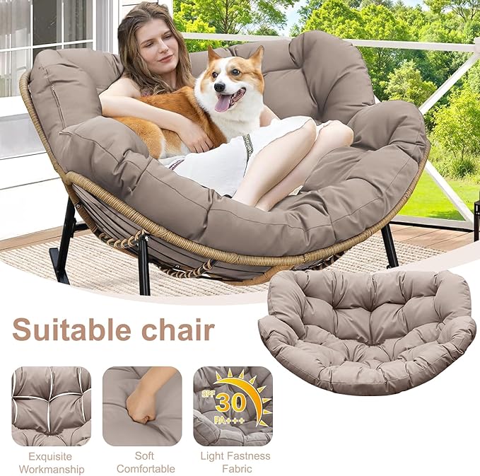 Outdoor Rocking Chair Cushion – Waterproof Wicker Egg Chair Replacement Pad, Thick Papasan Seat Cushion with Ties for Indoor & Outdoor Patio, Porch, Balcony, or Garden (Khaki)