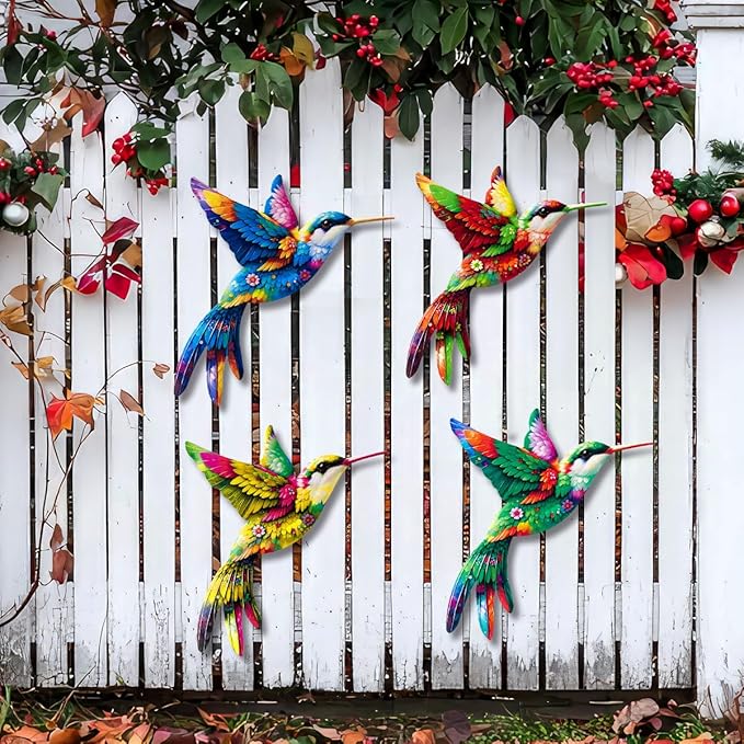 Metal Hummingbird Outdoor Decor - 10'' Hummingbird Wall Hanging Decorations for Outside Fence Garden Yard Patio Decor, Gift for Mom Friends (Set of 4)