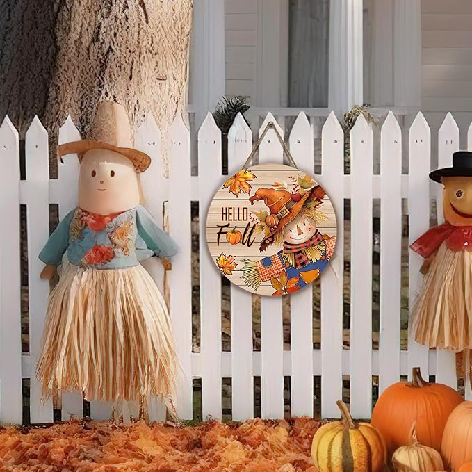 Hello Fall Autumn Scarecrow Door Sign for Porch Pumpkins Maple Leaf Wood Hangers Farmhouse Door Sign for Front Door Decor Seasonal Home Decorations Autumn Wall Hanger Sign