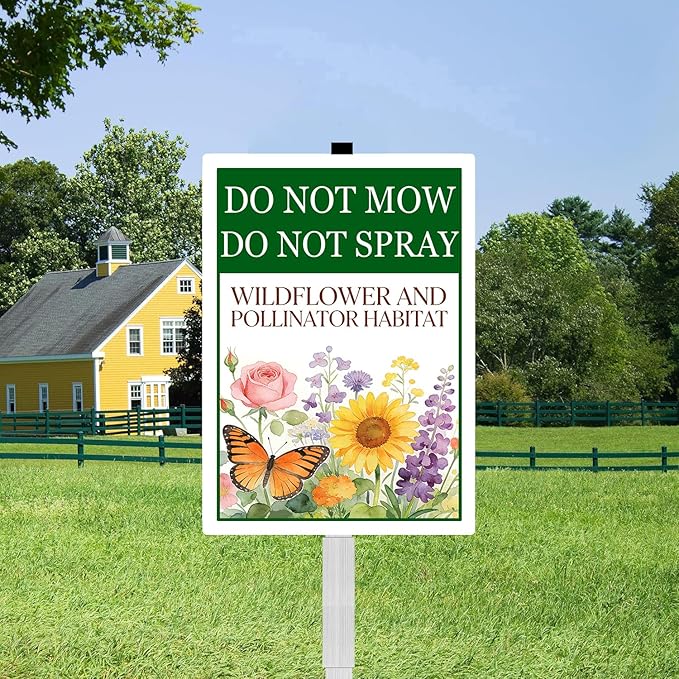Do Not Mow Do Not Spray Wildflower and Pollinator Habitat Yard Sign With Stakes Rustproof Reflective Aluminum Pollinator Friendly Garden Sign Stand Outdoor 8x12 In