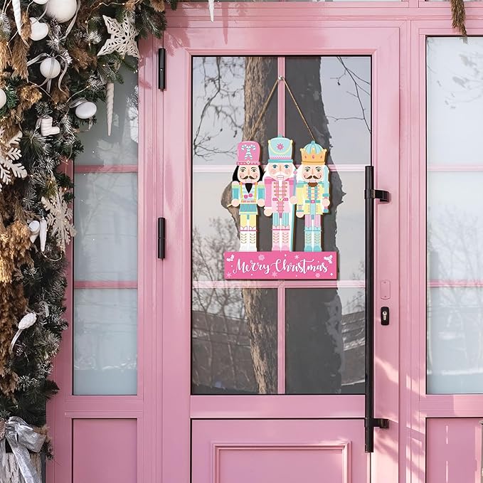 Whaline Christmas Wooden Hanging Sign Xmas Pink Blue Nutcracker Welcome Wood Sign Holiday Door Decor Signs for Indoor Outdoor Porch Wall