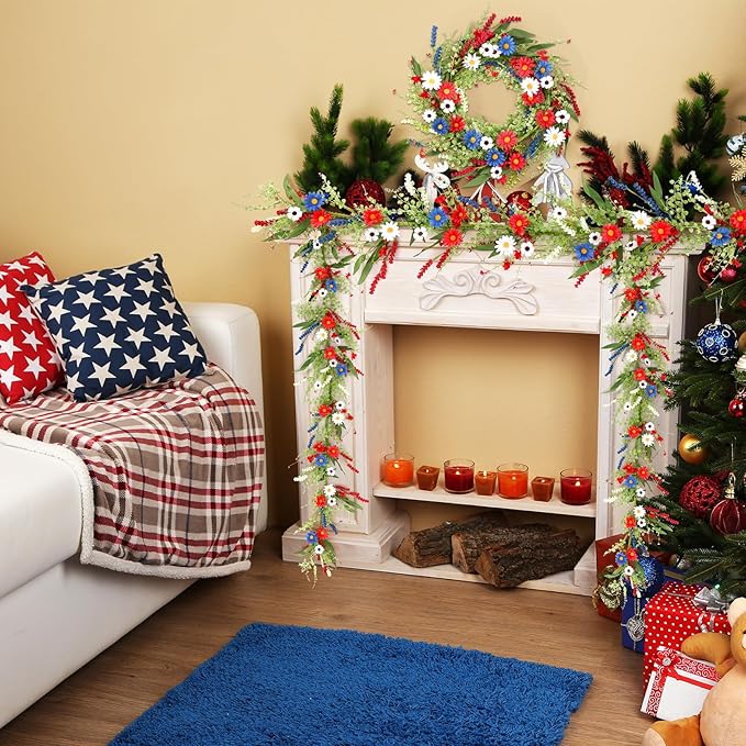 6.56 Ft 4th of July Flower Garland Wreath Patriotic Red Blue White Daisy Vine Garland Artificial Wild Floral Garland for Independence Day Arch Porch Stair Table Indoor Door Home All Year