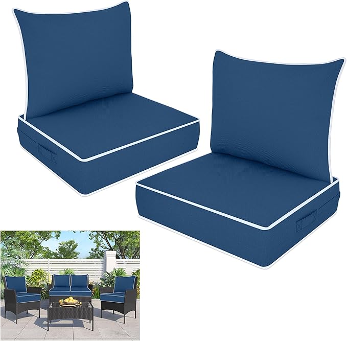 Outdoor Deep Seat Cushion Set, Fade Resistant Patio Chair Cushions, 24x24x6 Inch Patio Sofa Furniture Pad with Removable Cushion Covers (Navy Blue+White Side, 24''Lx24''Wx6''H-2pcs Set)