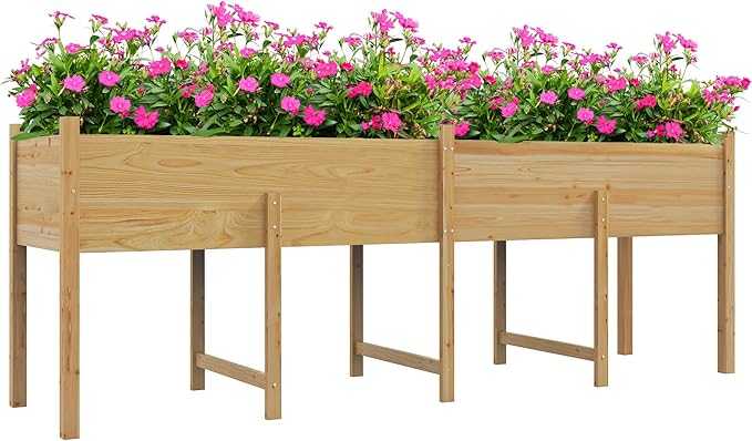 Outsunny Wooden Raised Garden Bed with Legs, Large Elevated Planter Box with Bed Liner and Drain Holes for Vegetables Flowers Herbs, Outdoor and Indoor, 7.4' x 1.8' x 2.6', Natural Wood