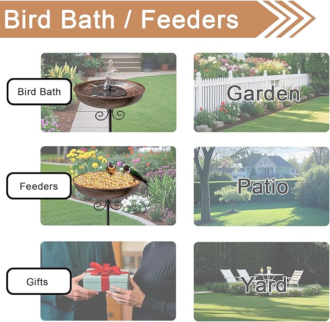 Small Metal Bird Bath for Outdoors, 10" Dia Bowl with Stake Birdbaths Garden Yard Lawn Decor 0.4 Gallon (Pack of 2)