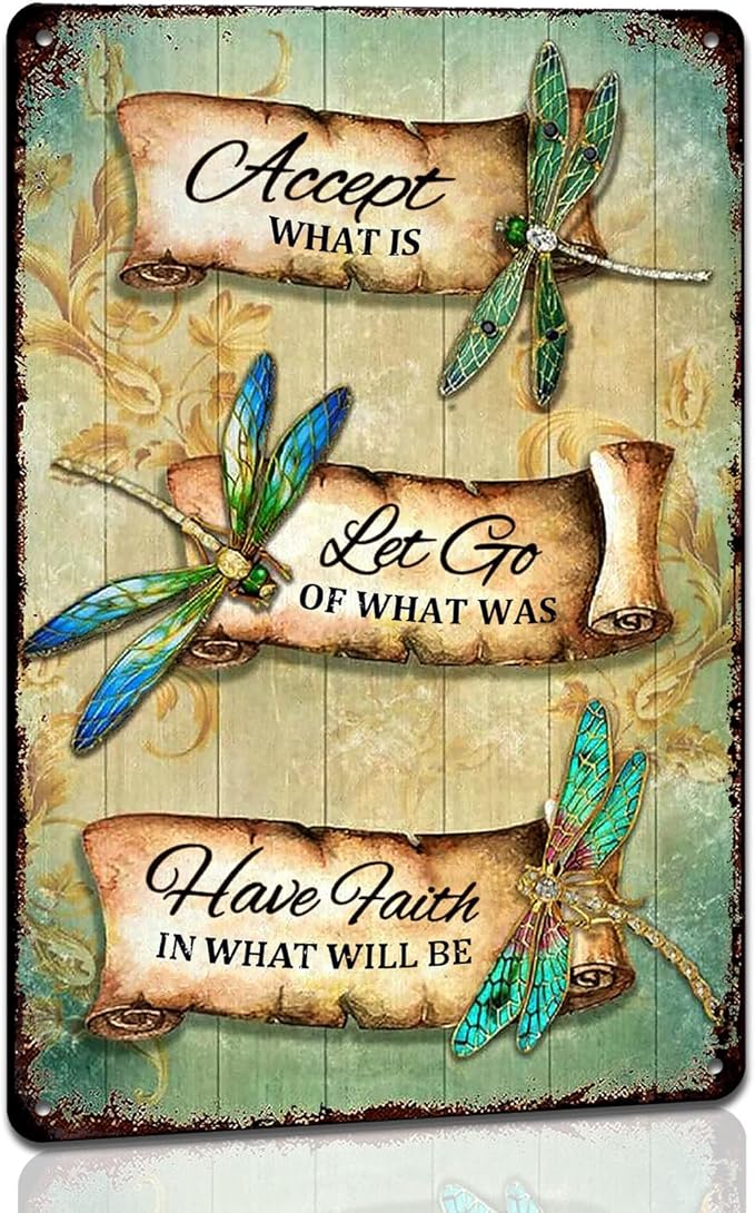 Dragonfly Tin Sign Retro Accept What Is Metal Signs Vintage Dragonfly Wall Art Outdoor Garden Decor Dragonfly Gifts For Women Bathroom Sign Home Decoration Let Go Of What Was Have Faith In What Will
