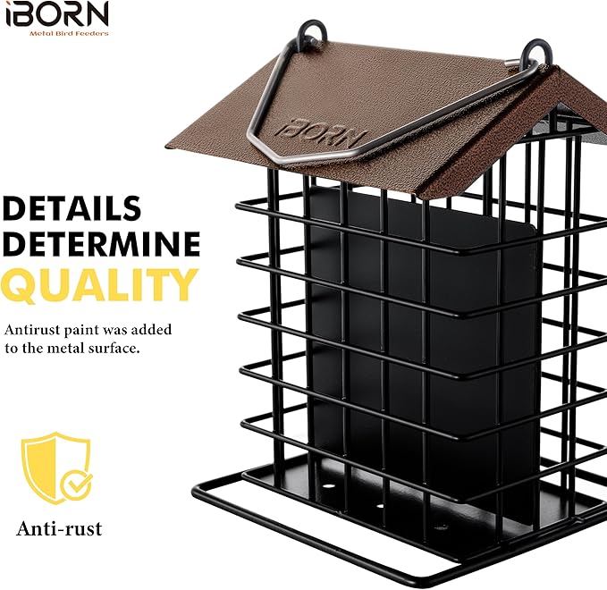 iBorn Suet Feeder for Outside Hanging,Suet Bird Feeders for Outdoors,Suet Holder With Squirrel Proof Hanger Hook,Suet Cage Bird Feeder,Woodpecker Feeder,Weatherproof Metal Roof,All Metal,1 Pack,Coffee