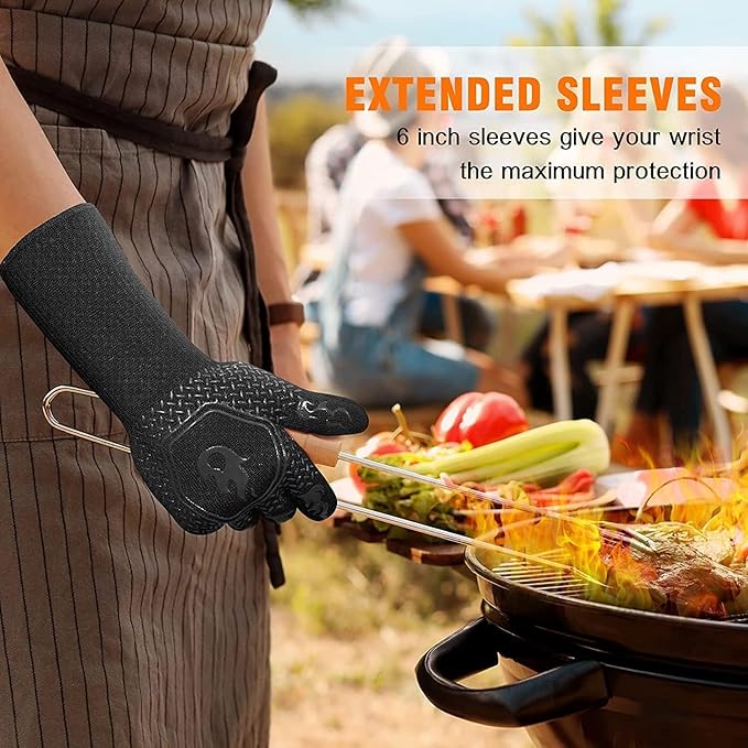 BBQ Grill Gloves Heat Resistant 1472℉ High Temp Resistance Fireproof Glove for Grilling Smoking Barbecue Washable Long Oven Extreme Hot Proof Mittens for Kitchen Baking (Black)