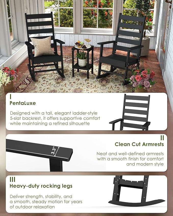 GREENVINES Outdoor-Rocking-Chair | HDPE Plastic | Patio Rockers | Porch Rocker Chairs | Shaker | Oversized | High Ladder Back | Big & Tall | PentaLuxe | Black