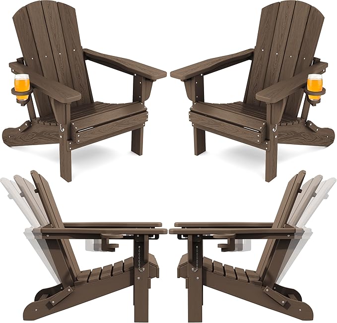 SERWALL Folding Adirondack Chair Set of 4, Adjustable Adirondack Chair with 3 Recline Positions, All Weather HDPE Outdoor Adirondack with Cup Holders, Coffee