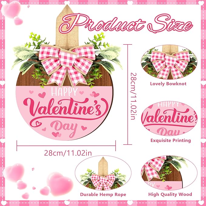 Britimes Happy Valentine’s Day Welcome Door Sign Valentine’s Day Round Wooden Hanging Decorations Pink Romantic Rustic Farmhouse Front Door Sign Wall Art Decor for Home Wedding Outdoor
