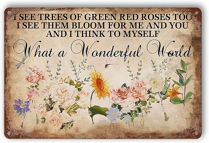 Garden Signs What A Wonderful World Vintage Poster I See Trees of Green Red Roses Too Metal Plaque Garden Decor Flower Dragonfly and Flowers Metal Signs For Outside Yard 8x12 Inch