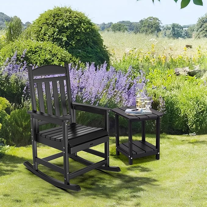 VINGLI Outdoor Rocking Chair, HDPE Rocking Chair with Higher Backrest, All Weather Rocker for Garden, Yard, Balcony, Black