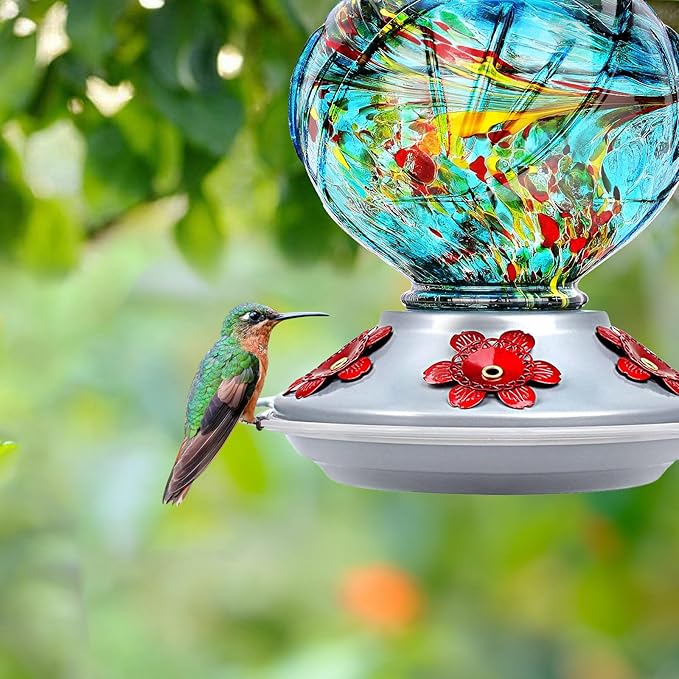 BOLITE Hummingbird Feeder, Hand Blown Glass Hummingbird Feeders for Outdoors Hanging, with Ant Moat and 5 Feeding Ports, 22 Ounces, Peony Flower Shape, Blue, Gifts for Women Men, Gifts for Mom Dad