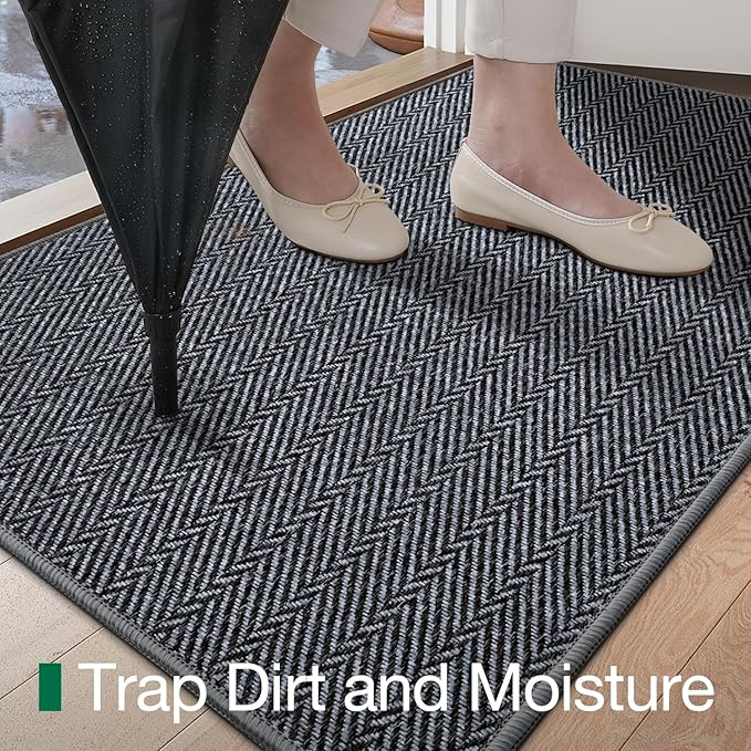 LUMI Ultra Thin Indoor Door Mat for Entrance 36"x56", Non Slip Entryway Mat, Low Profile Doormat, Unique Herringbone Design Carpet for Inside, Patio, Porch, Medium Gray