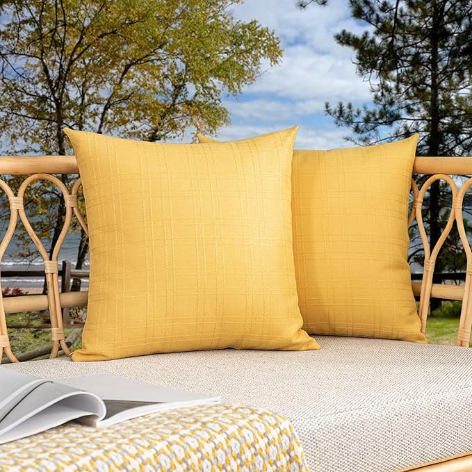Kevin Textile Pack of 2 Decorative Outdoor Waterproof Pillow Covers Garden Checkered Cushion Sham Throw Pillowcase Shell for Patio Tent Couch 20x20 Inch Yellow