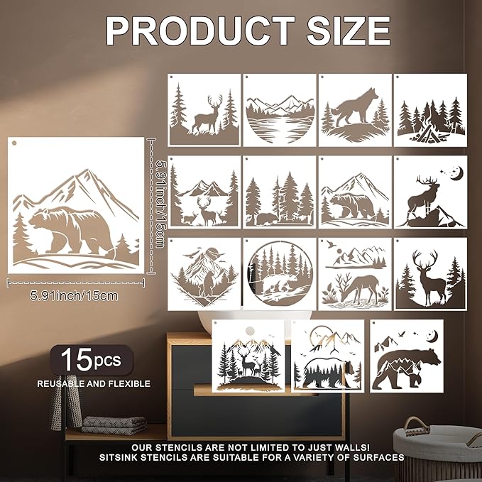 Forest Stencils for Painting - 15 Pcs Stencils for Painting on Wood Wall Door Mat Canvas Bag, Wild Animal Reusable DIY Crafts Template Home Decor
