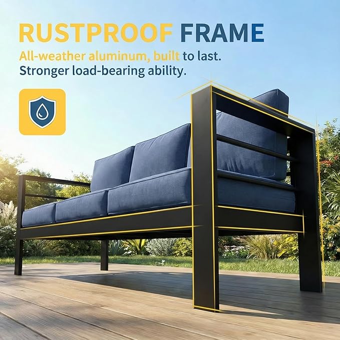 Solaste Aluminum Patio Furniture Set for All Weather, Oversized Metal Outdoor Furniture Set with 27.5" Deep Seating and 3.2" Wide Armrest, Outdoor Patio Sofa with 10" Back Suport Cushion