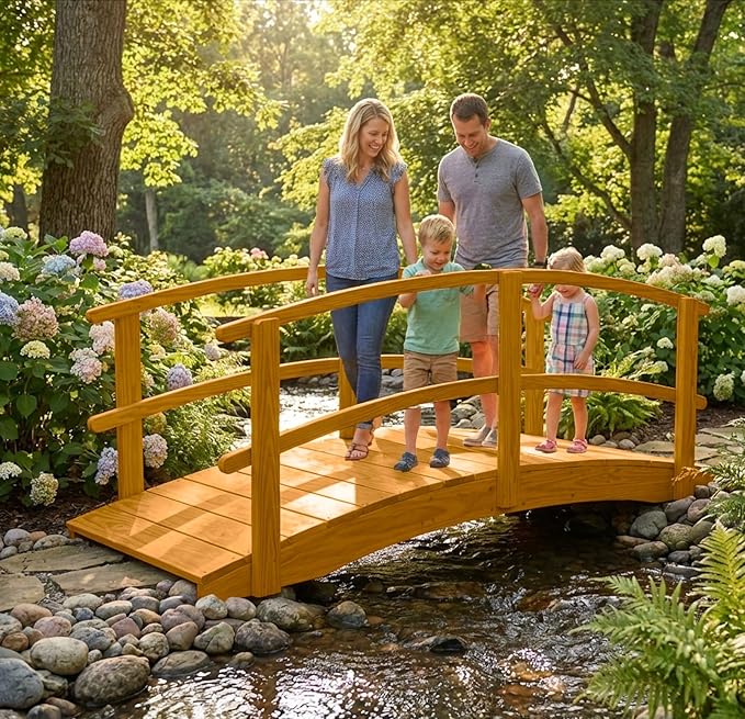 8 FT Oak Amish Made Garden Bridge with Double Rails for Walkway, Backyard Pond & Landscaping, Outdoor Wooden Footbridge for Koi Pond, Japanese Style Decorative Bridge, Made in USA