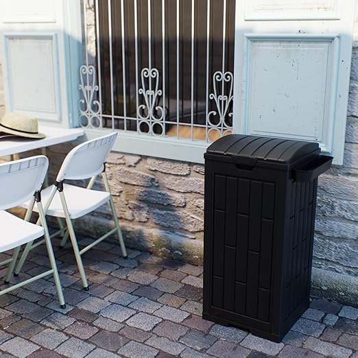 30 Gallon Black Outdoor Trash Can with Hinged Lid, Weather-Resistant Resin Waste Container for Patio, Backyard, Pool Area, Home & Commercial Use