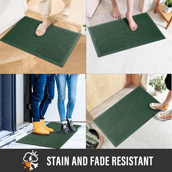 Sturdy Front Door Mat, Absorbent Muddy Dirt Resist Welcome Door Mats Outdoor Indoor, Stain and Fade Resistant, Non-Slip Backing Entry Mat Low Profile Doormat for Entryway, 36×24, Green