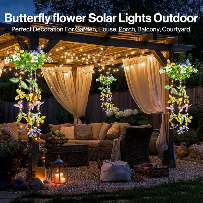 Colorful Solar Butterfly Lights for Garden, 2 Pack Hanging Lights with Fluttering Butterflies & Flowers, IP65 Waterproof Outdoor String Lights for Patio, Birthday & Kids Play Area
