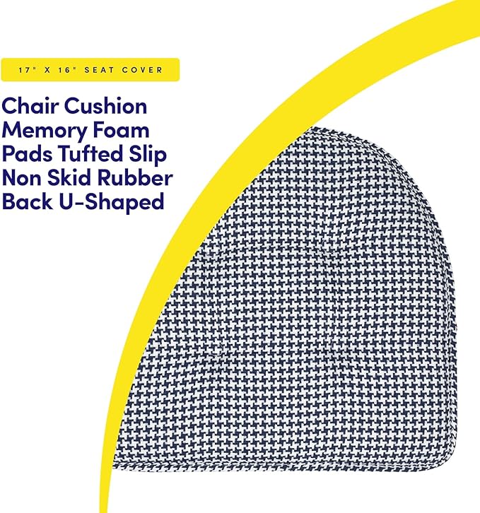 Sweet Home Collection Chair Cushion Memory Foam Pads Tufted Slip Non Skid Rubber Back U-Shaped 17" x 16" Seat Cover, 6 Pack, Houndsooth Navy