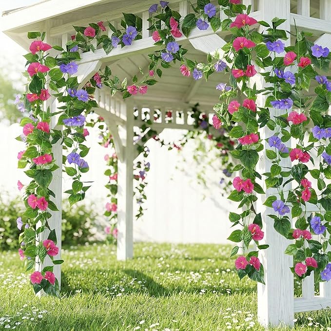 GTIDEA 4Pcs Fake Vines 30Feet Artificial Hanging Morning Glory Flower Garland Mixed Color Faux Vines for Outdoors for Wall Fence Indoor Wedding Decor