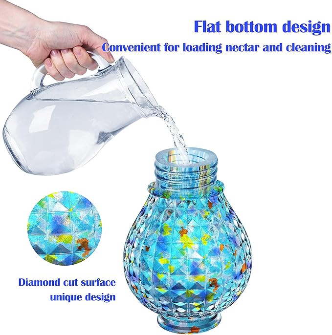 Hummingbird Feeder, Glass Hummingbird Feeder for Outdoors, Vibrant Colors Attract Hummingbirds, 18 Ounces, Diamond Ball Shape Bottle