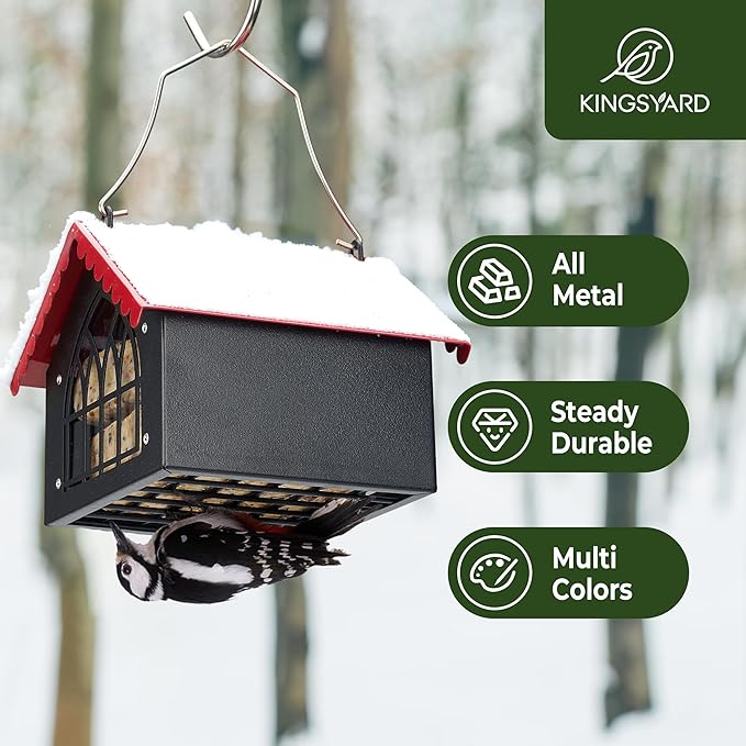 Kingsyard Double Upside Down Suet Feeder with Weatherproof Roof, All Metal Suet Feeders for Outdoors Hanging, Great for Downy Woodpecker Nuthatch Chickadee, Red