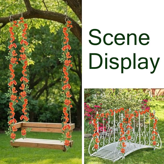 2 Pcs Artificial Flowers Garland for Outdoors Orange Faux Gardenia Garland 12Ft Silk Rose Hanging Vines Floral for Wedding Arch Party Wall Garden Ceremony Backdrop Fence Spring Decor