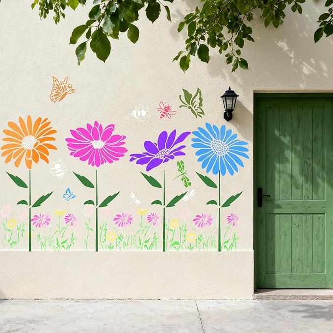 6Pcs Large Flower Stencils for Painting on Walls 16 x 12 Inch Giant Reusable Wall Stencil for Wood Fence Garden Crafts Wildflower Stencils Sunflower Paint Templates Outdoor DIY Wall Art Decor