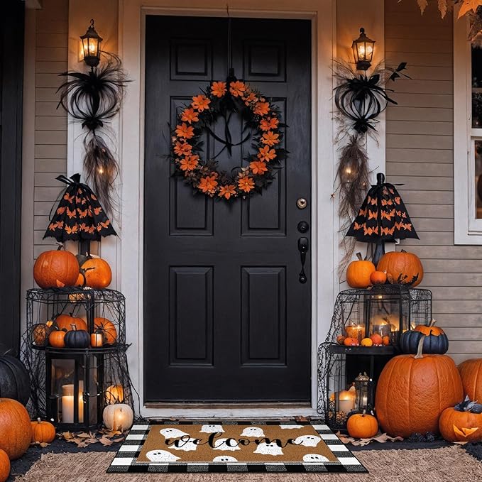 Tinideya 2 Pcs Halloween Door Mat White Ghost Welcome Non Slip Coir Mats Black White Buffalo Plaid Floor Layering Doormats Seasonal for Front Porch Entryway Decor(Plaid Ghost)