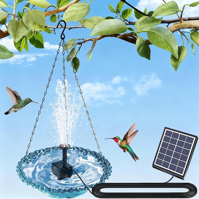 Solar Hanging Bird Baths Bowl Outdoor Bird Feeder 15.7 Inch Metal Chains, Weather-Resistant Hanging Wildbird Feeder & Bath Tray for Garden, Patio, Backyard (Solar Style)