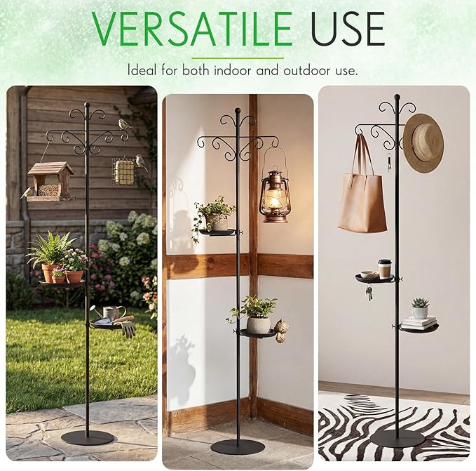 1 Set Upgraded 75.9" Shepherds Hook for Bird Feeder, Hanging Plant Wind Chime Stand, Metal Adjustable Standing Pole Holder for Indoor Outdoor, with 2 Rack & Weight Bag (Vintage 2 Hooks)