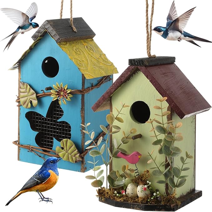 2 Pcs Decorative Birdhouse for Yard Outside Hanging Wooden Birdhouse Hand Painted Bird Box for Bird Lovers Bluebird Tree Swallow Wild Chickadee Garden Decor(Blue,Light Green,Iron Roof)