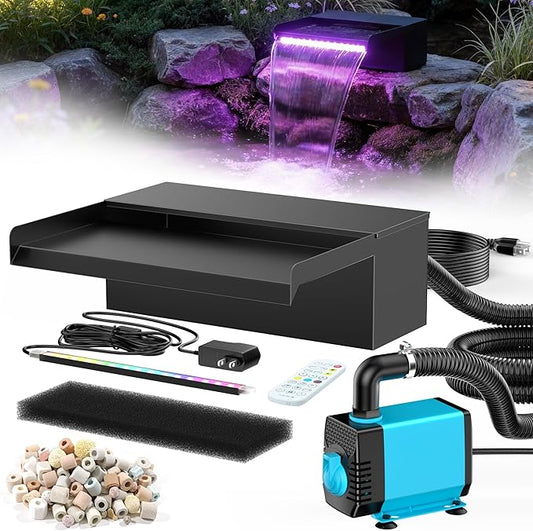 POPOSOAP 12inch Pond Waterfall Spillway with RGB LED Lights & 660GPH Pump Kit - APP/Remote Control, 304 Stainless Steel Pond Spillway with 9.8FT Tubing for Garden Ponds Landscape Water Features-P43DY