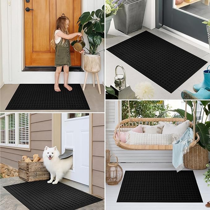 PLEASOR Front Door Mat Indoor Outdoor Entrance, Dirt Resistant and Absorbent Doormat, Sturdy Non-Slip Backing Entry Mat, Fade Resistant, Easy Clean Low-Profile Entryway Mat, 29x17, Black