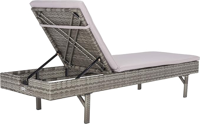 SAFAVIEH Outdoor Collection Cam Grey Wicker/Grey Cushion Adjustable Chaise Lounge Chair, Black/Beige (PAT7501B)