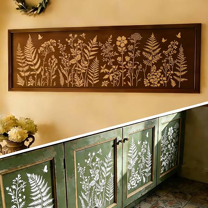 Botanical Wall Stencil Kit for Painting - Large Reusable Plastic Fern, Leaf & Flower Templates, 6 Pack DIY Seamless Stencils for Crafts, Canvas & Home DéCor Art