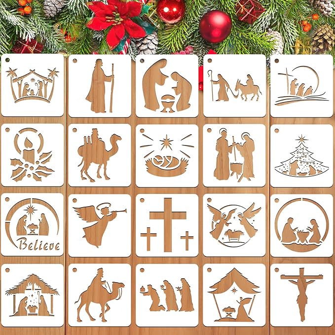 JULMELON Christmas Stencils - 20 Pcs Reusable Nativity of Jesus & Religious Scene Stencils for Painting on Wood, Fabric & Canvas