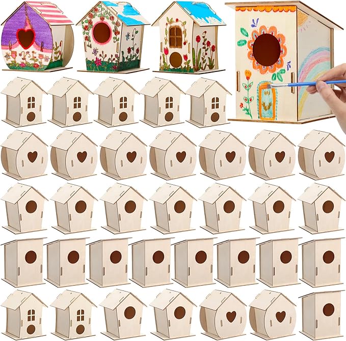DoubleFill 12 Pcs Bulk Wooden Bird Houses Kits for Kids DIY Crafts and Arts Unfinished Wood Birdhouse to Paint Birthday Gifts for Valentines Crafts Class Parties, 4 Styles