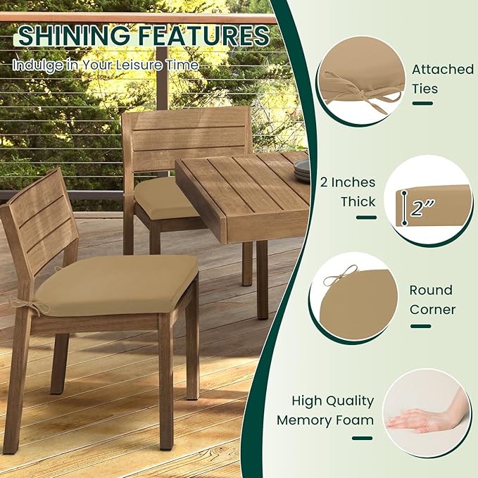 HARBOREST Outdoor Chair Cushions Set of 6, Water Resistant Patio Chair Cushions with Ties, Outdoor Seat Cushions for Patio Furniture, 17"x16"x2", Khaki