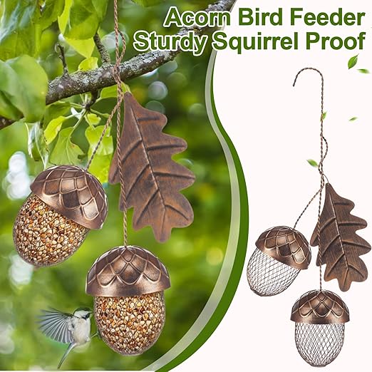 Mimorou Acorn Bird Feeder Outdoor Garden Hanging Feeding Station Sturdy Squirrel Proof Tree Bird Feeder Metal Feed Dispenser for Peanut Suet Nugget, Hanging Metal Leaf Hanger, Holds 2 Cups of Seed