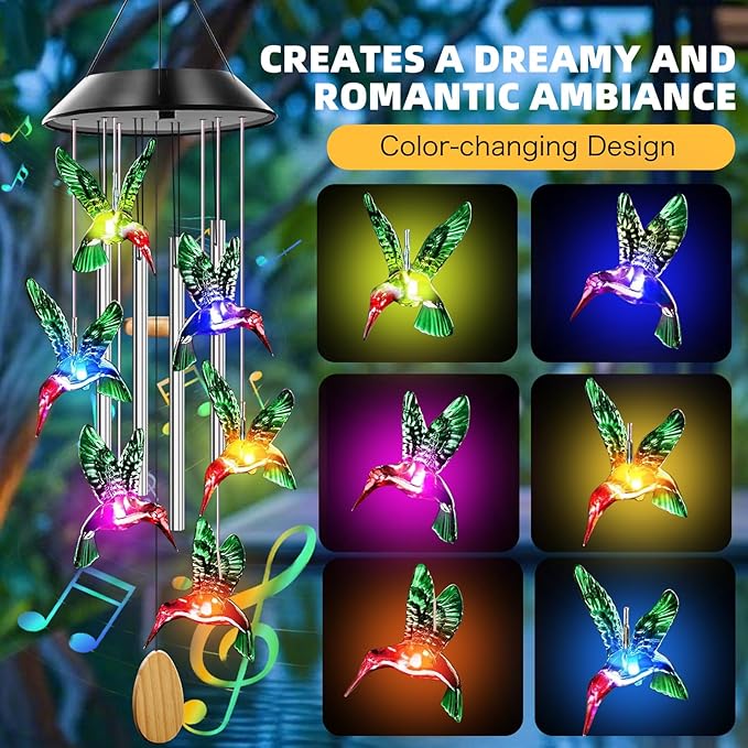 Solar Powered Hummingbird Wind Chimes with 4 Music Aluminum Tubes, Hummingbird Wind Chimes for Outside,Best Gifts for Mom Grandma Women Wife Aunt Sister, Unique Mobile Wind Chime, Garden Yard Decor