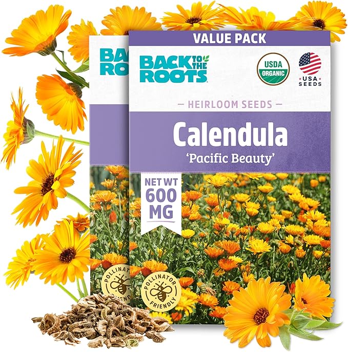 Back to The Roots 100% Organic Heirloom Seeds - Calendula Flower Seeds for Planting Value Pack (600mg Total)
